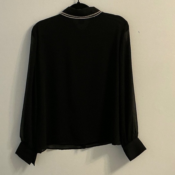 Rachael Zoe Black Blouse Sheer Sleeves Crystal Collar Large - Picture 2 of 7